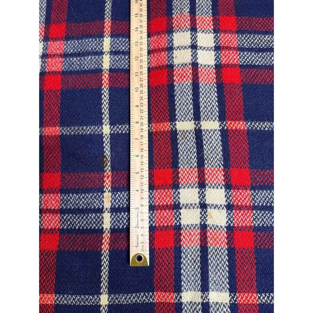 1960s CarlDyke Tartan Wool Stadium Blanket Red Navy Plaid Fringe 51x38